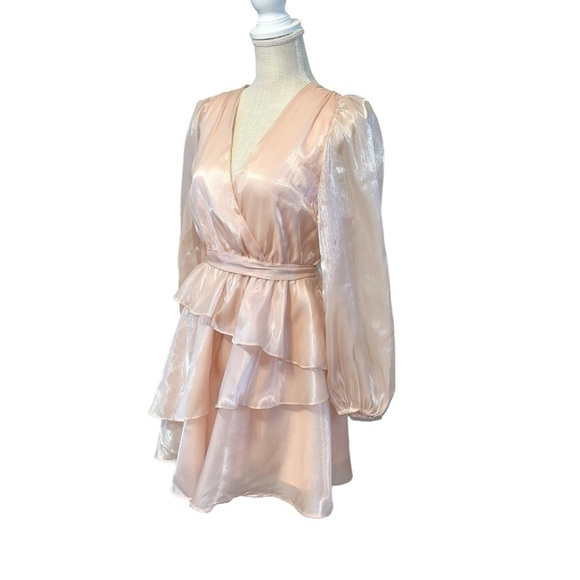 Idem Ditto Tiered Mini Dress Sz SM Metallic Pink LS Balloon Sleeve V Neck Lined - Picture 3 of 12